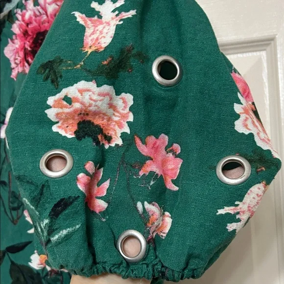 Grace Elements Green Floral Blouse Pink and White Blooms Grommets on Sleeves S - Picture 7 of 12